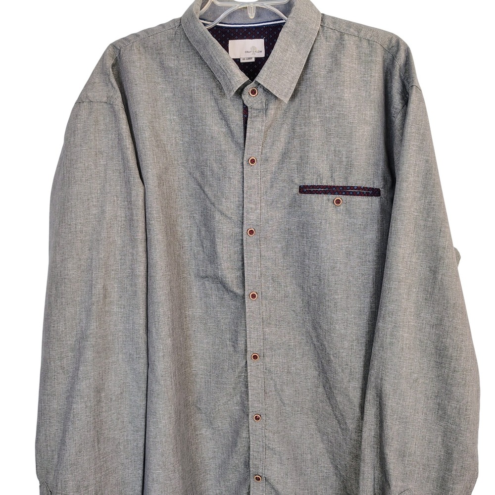 Craft + Flow Mens XXL Gray Heather Long Sleeve Button Down Shirt Geometric Trim
